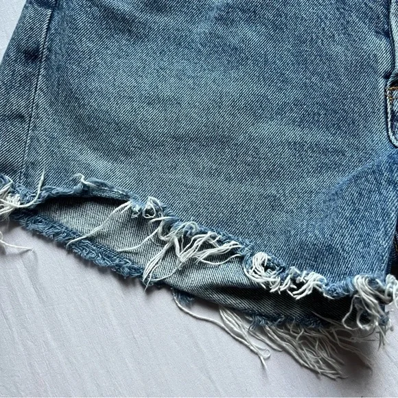 AGOLDE blue cotton denim cutoff raw fray hem high rise shorts - Picture 2 of 5